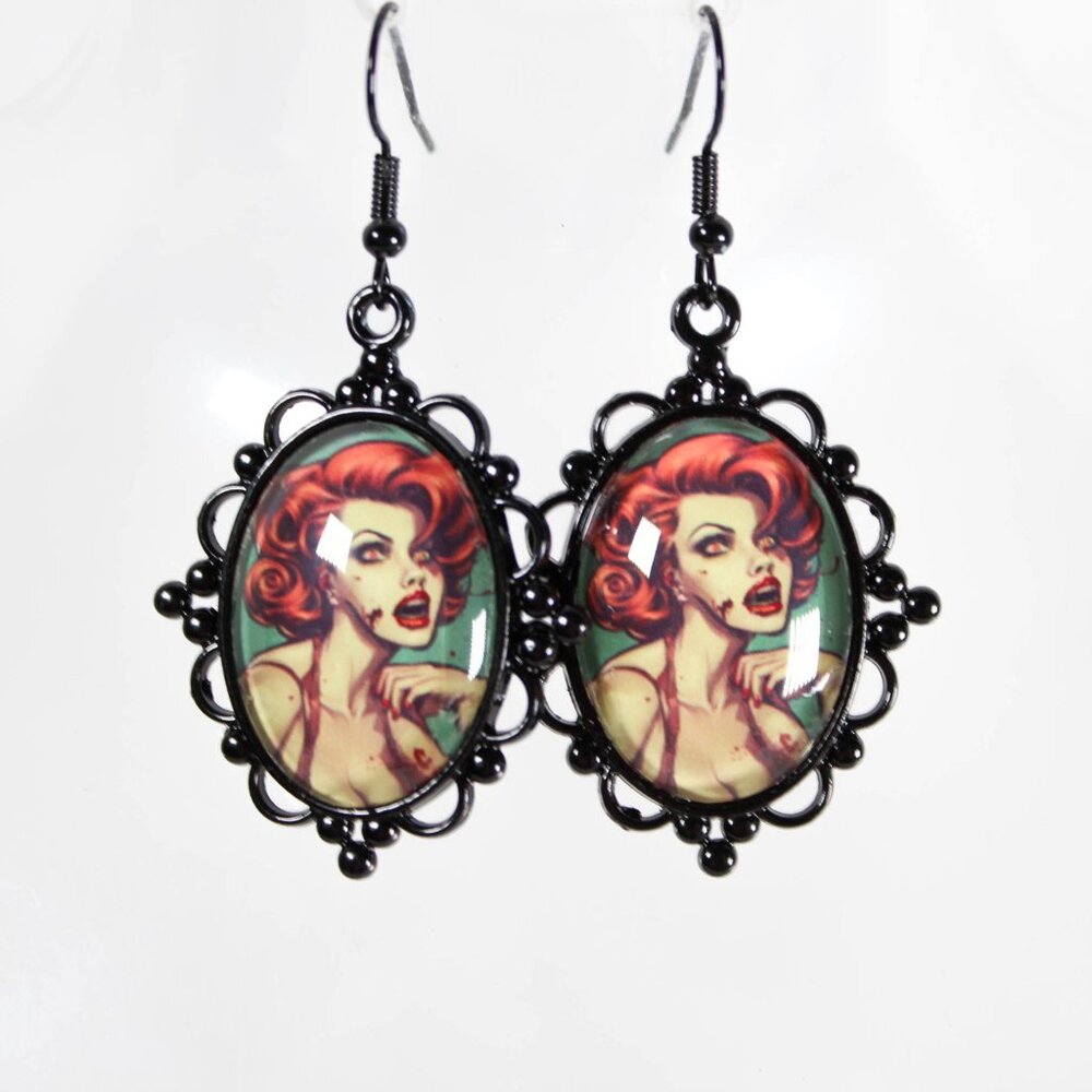 🔨 Drop Dead Red Zombie Pinup Earrings – Gothic Victorian Horror Jewelry